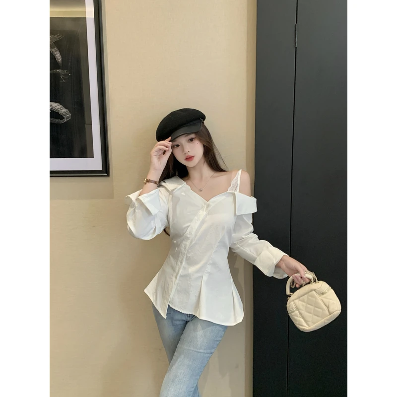2025秋季新款胖mm大码斜肩不对称纯欲衬衫系带收腰显瘦衬衣女小众