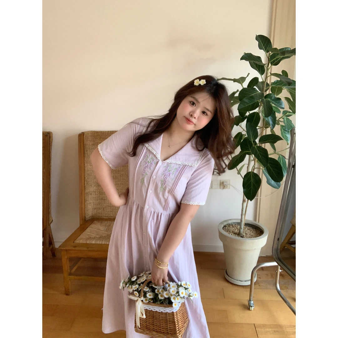 现货【迷雾花园】大头婷丫丫微胖夏季连衣裙绣花翻领花边开扣长裙