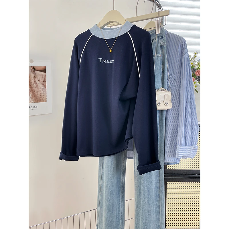 半高领双面绒打底衫冬季内搭高级感长袖T恤撞色拼接时尚洋气上衣