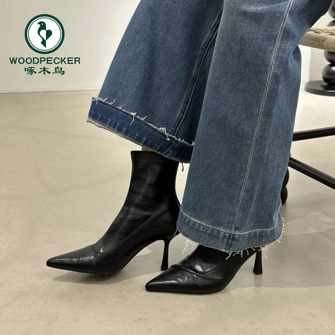 啄木鸟法式尖头短靴女2025秋冬新款细跟高跟皮靴后拉链黑色瘦瘦靴