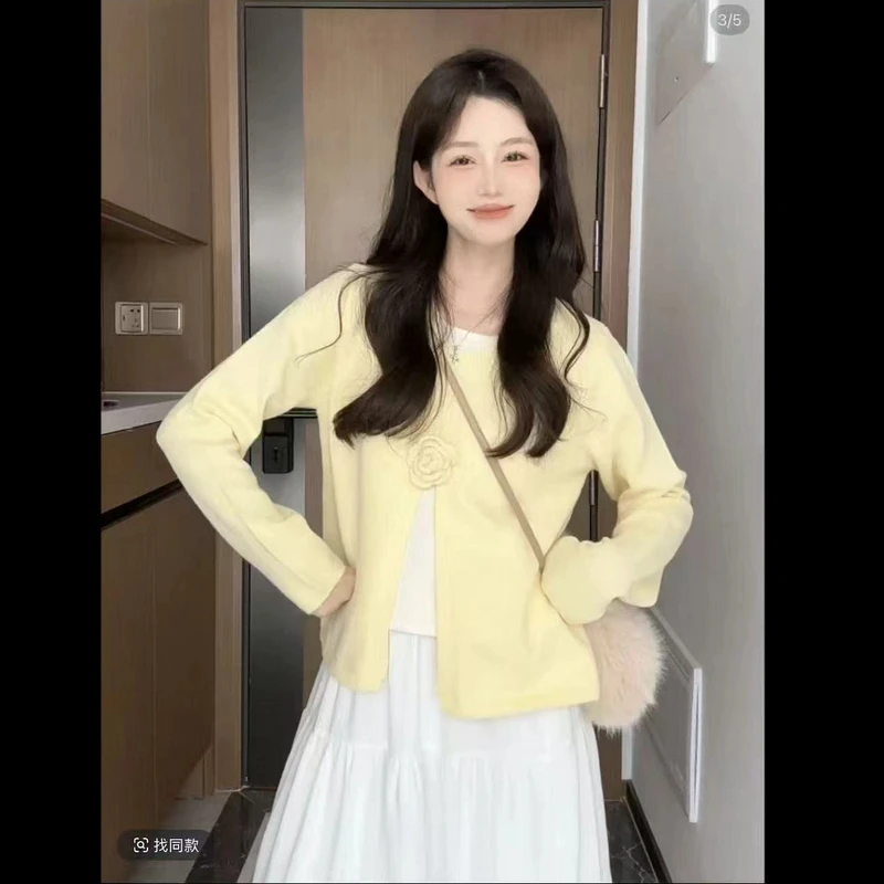 奶fufu韩系黄色花朵针织毛衣女春季设计感小众独特别致假两件上衣