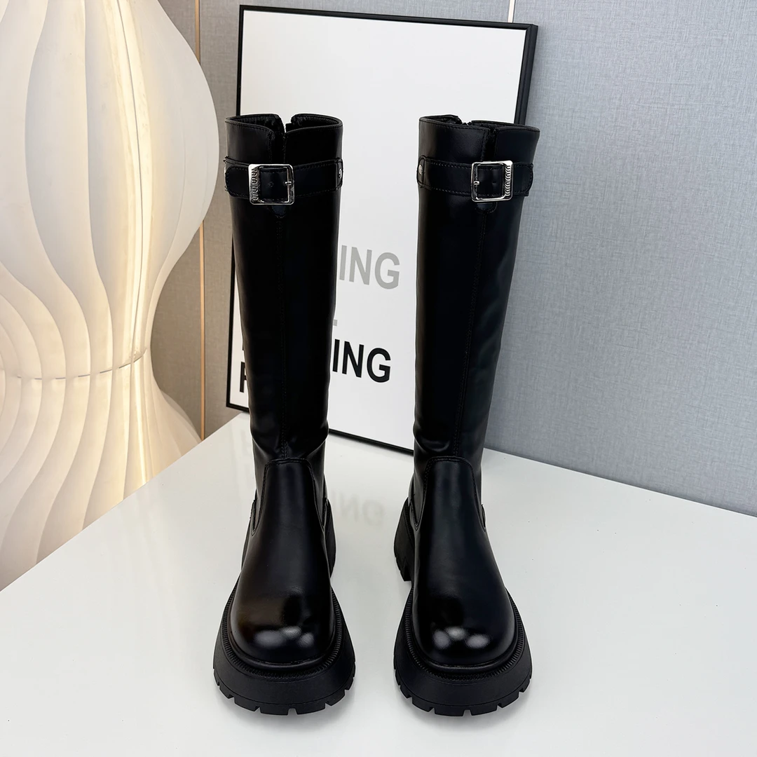 靴子长筒靴女2025新款秋冬厚底不过膝大筒围复古棕高筒增高骑士靴
