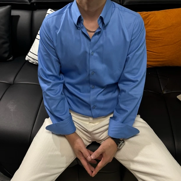 男士秋季亮色轻奢时尚简约修身长袖衬衫