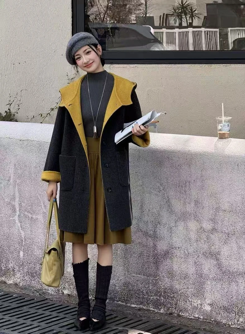 2025冬新款韩版连帽学院风显瘦双面羊毛大衣女长款羊毛呢外套