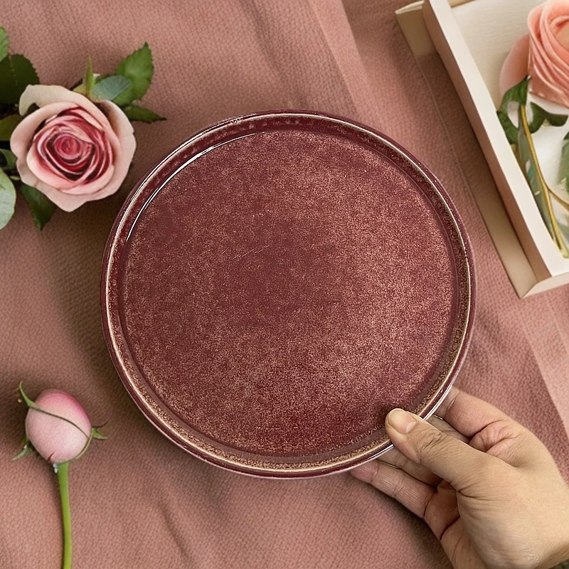 【折边盘2个装】辣3113窑变玫红色家用盘子创意陶瓷圆形精美微瑕