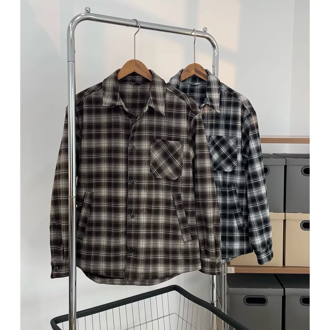 YIJIAN~秋冬男士磨毛加绒加厚纽扣格子衬衫透气翻领格纹衬衣外套