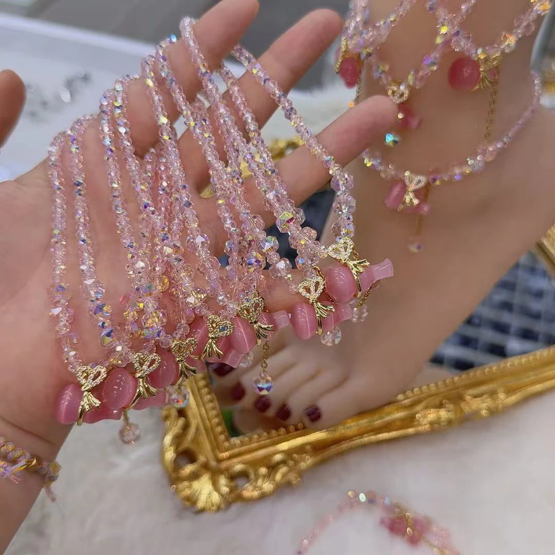 非金属玻璃脚链 水蜜粉冰透仿猫眼流苏葫芦脚链