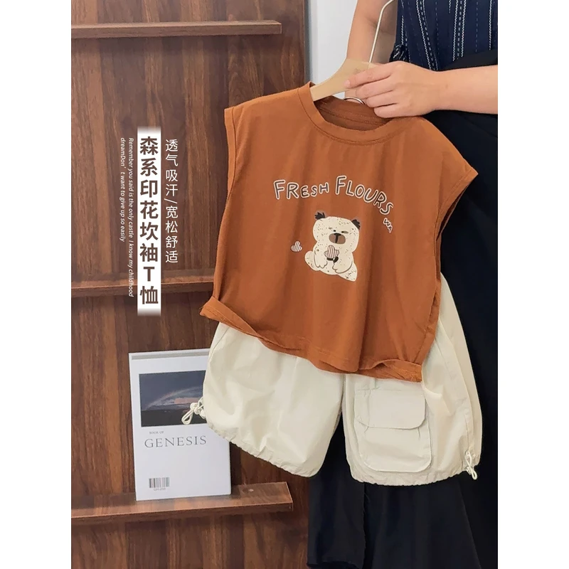 《运营推荐》自留韩版儿童森系字母无袖T恤男童2025夏背心25XL1119