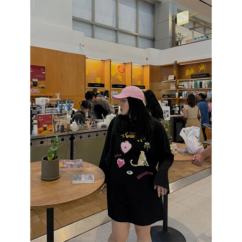 铅笔小鑫大码女装 超减龄童趣卡通 印花水洗T恤连衣裙