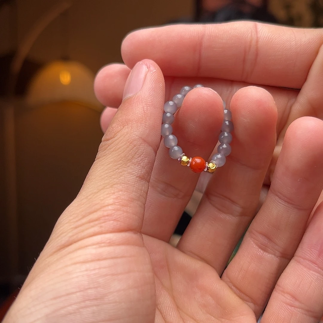 和田玉戒指银S925镶嵌烟紫戒珠