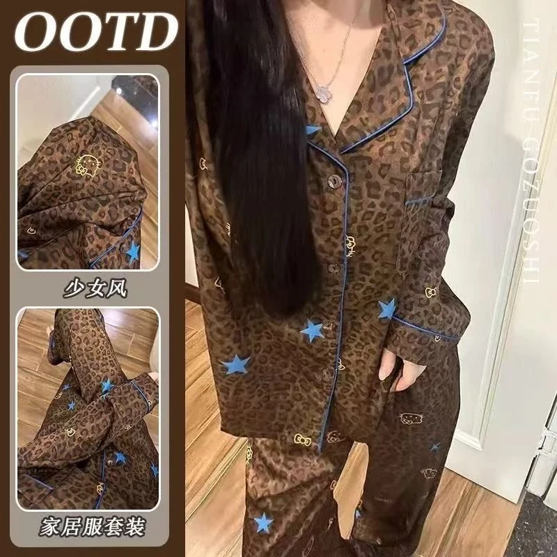 100%纯棉睡衣女春秋季2025新款KT豹纹猫开衫翻领可外穿家居服套装