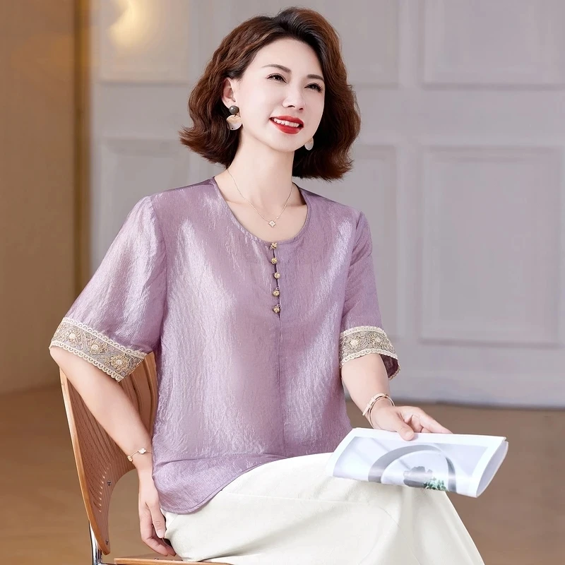 夏装时尚洋气短袖套装新款中老年女士50-60岁夏季国风上衣两件套