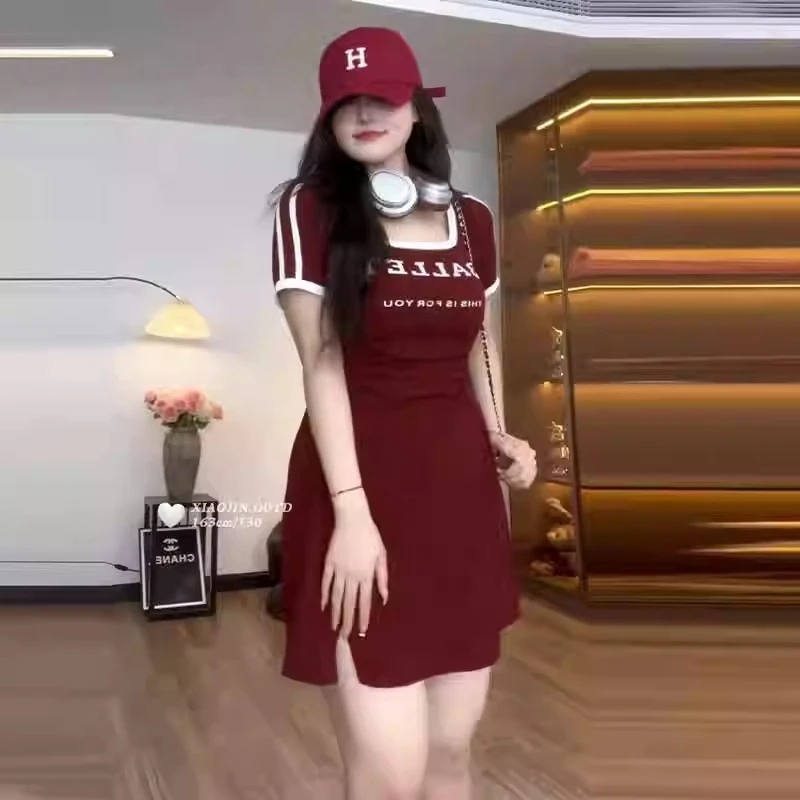大码美式复古撞色开叉连衣裙女夏季胖mm纯欲风辣妹遮肉巨显瘦短裙
