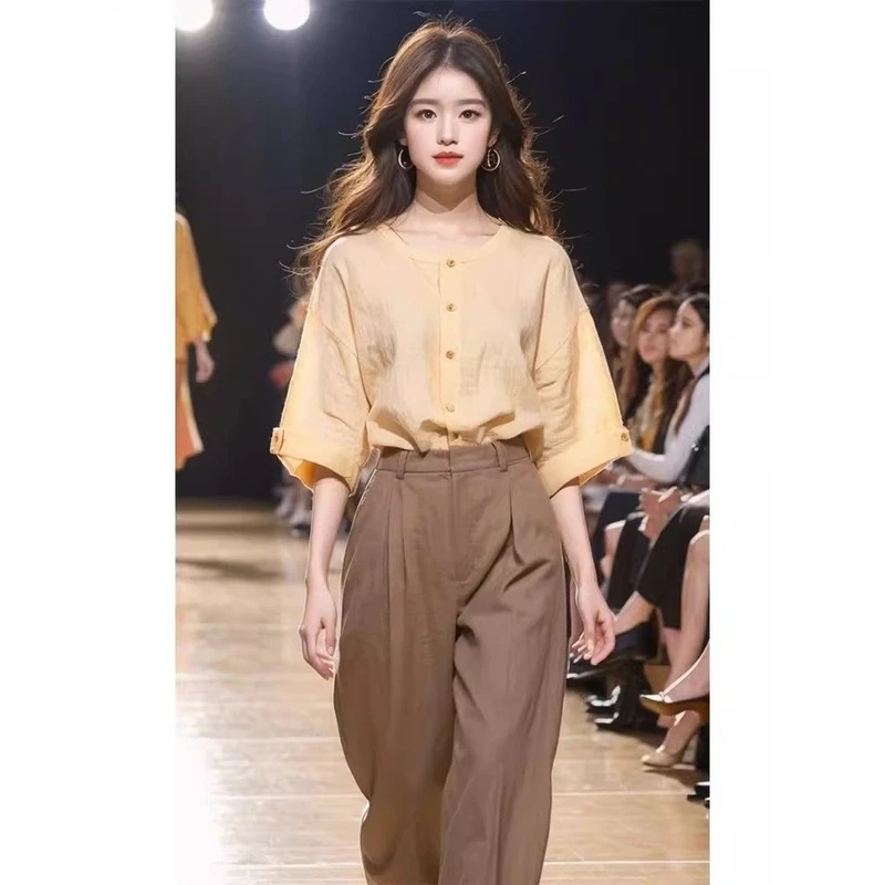 【清仓】2025超火小个子穿搭一整套黄色衬衫阔腿裤流行漂亮两件套