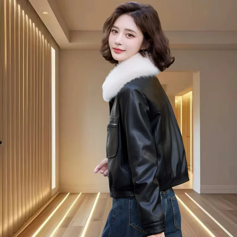 海宁真皮秋冬加绒时尚毛领机车皮衣短款外套女2025爆款洋气上档次