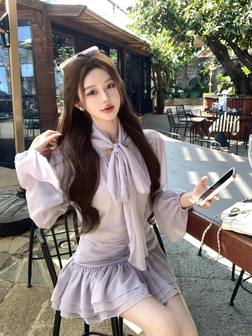 【月落星河】设计感气质蝴蝶结衬衫上衣女显瘦半身裙短裙两件套套装