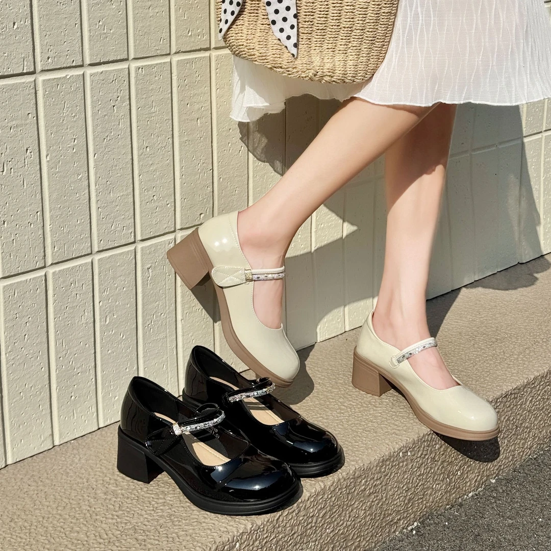 PUBGO/千喜步步高玛丽珍小皮鞋女圆头时尚新款网红百搭粗跟秋季