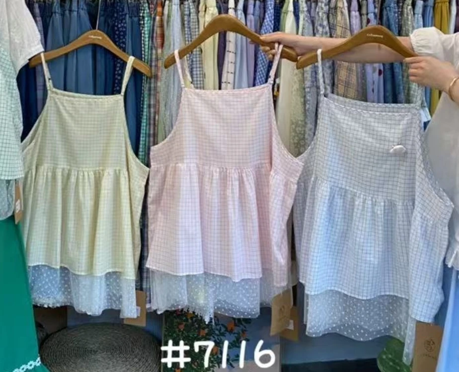 米多多 CZ#7116#格子网纱吊带 kc