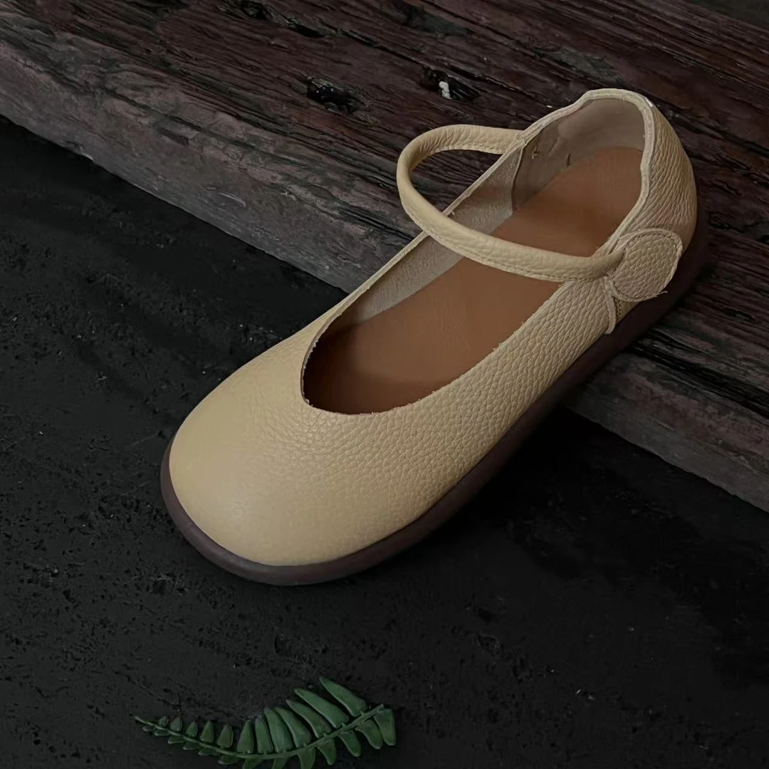 拙手作2025一字袢头层牛皮圆头厚底春夏新款浅口软底森系单鞋女鞋