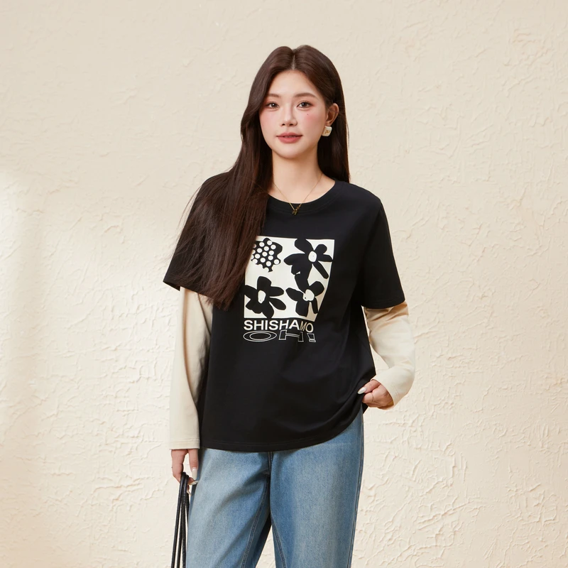 采多宝大码女装圆领拼接袖印花长袖早秋宽松显瘦梨型T恤 EDZ5661