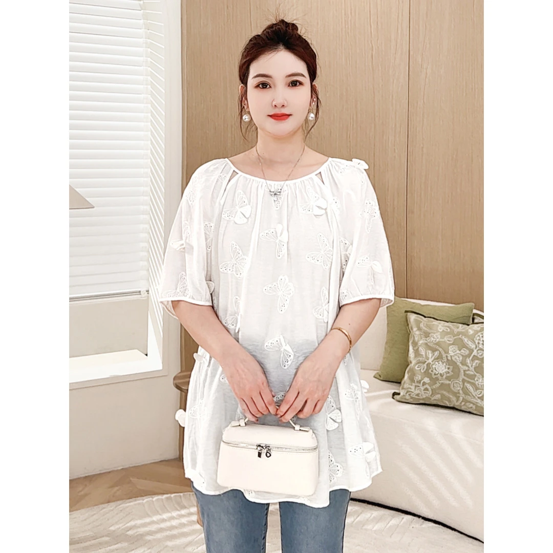 【蝶舞轻绡】MsShe大码女装新款夏蝴蝶刺绣遮肉短袖小衫S~E2506030