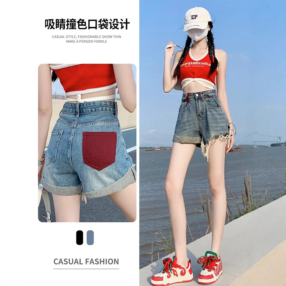 6211新款夏季2025年后口袋撞色牛仔三分裤辣妹超短牛仔女裤时尚