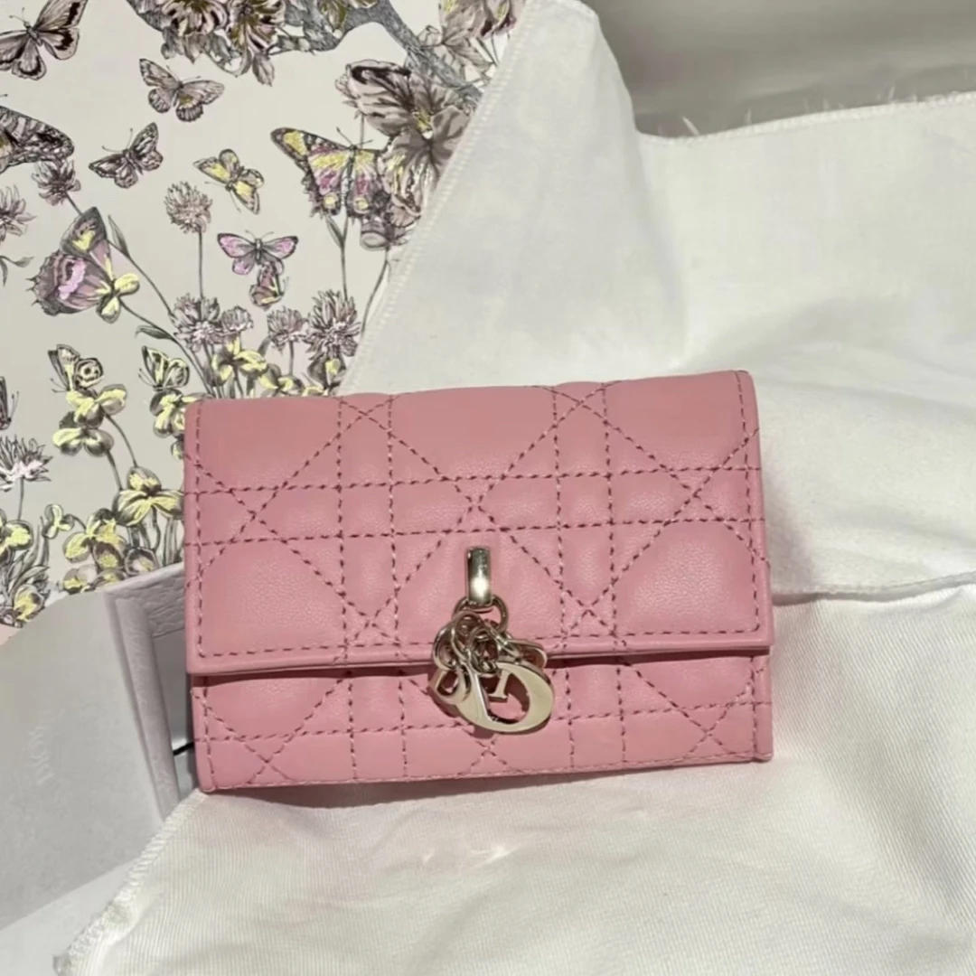 95新 DIOR/迪奥 淡粉色藤格纹小羊皮卡包59071880