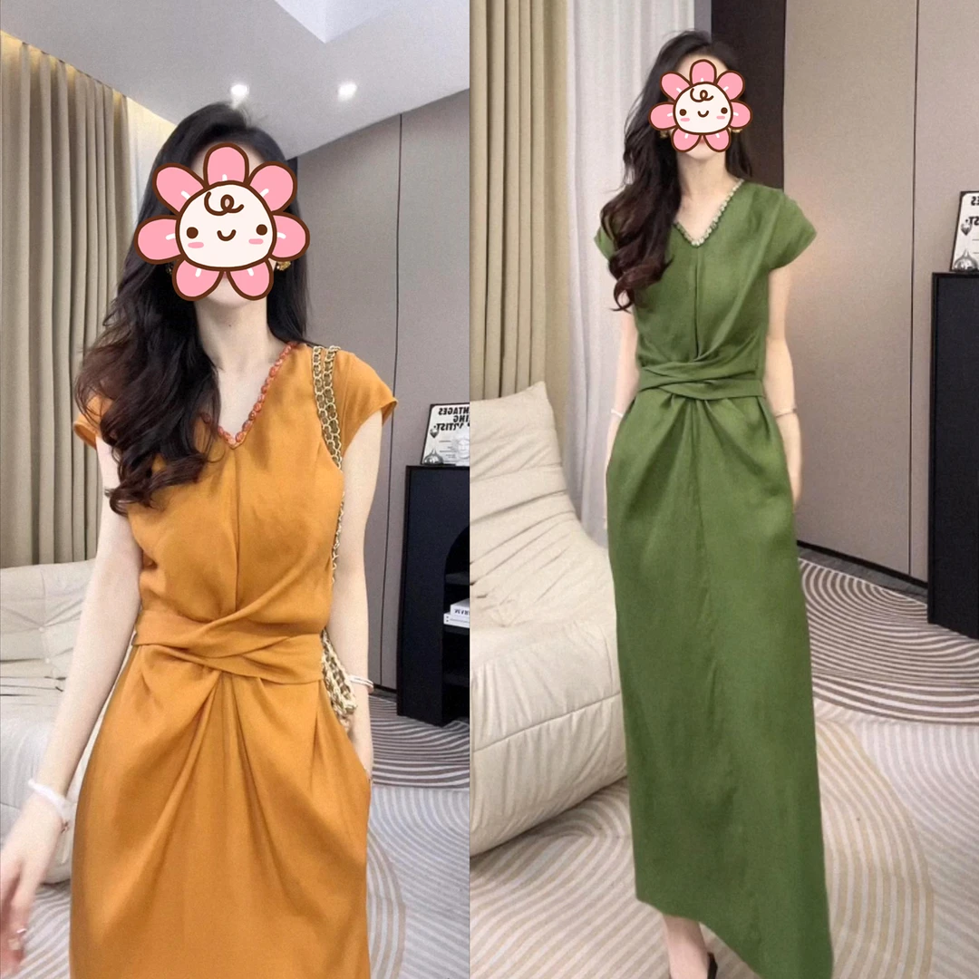 小众女装V领连衣裙2025夏季新款法式老钱气质亚麻收腰显瘦裙子