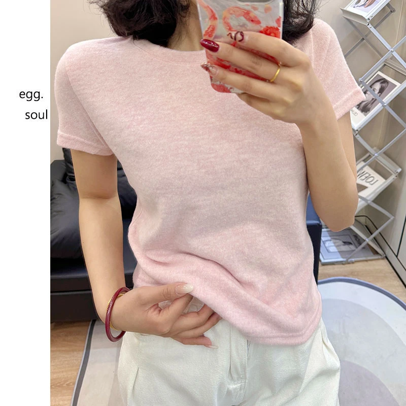 毛茸茸t恤女春夏新款egg贝壳后背钉扣简约纯色短袖学生打底衫半袖