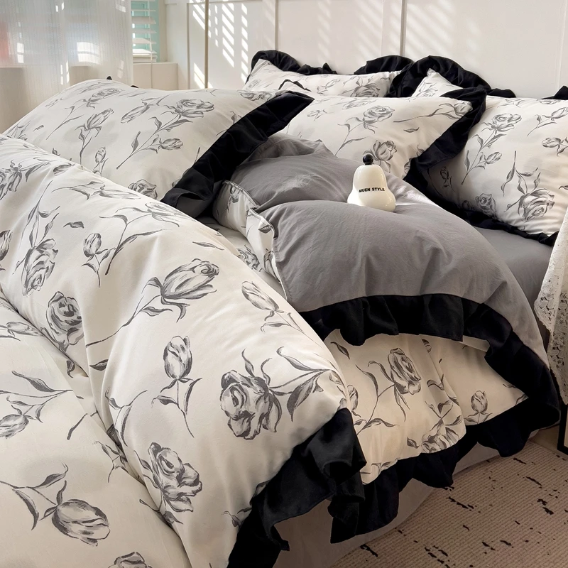 2025新款韩版花边水洗棉床上四件套床笠被套宿舍床单被子罩三件套