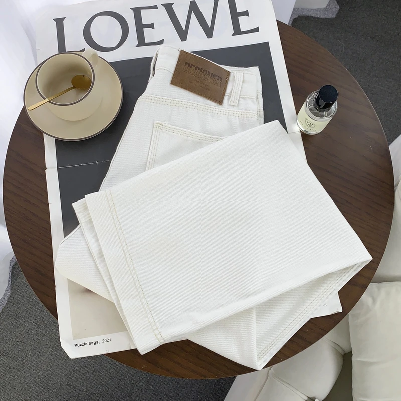 2025春季新款白色牛仔裤女时尚百搭高腰显瘦窄版阔腿直筒裤8208