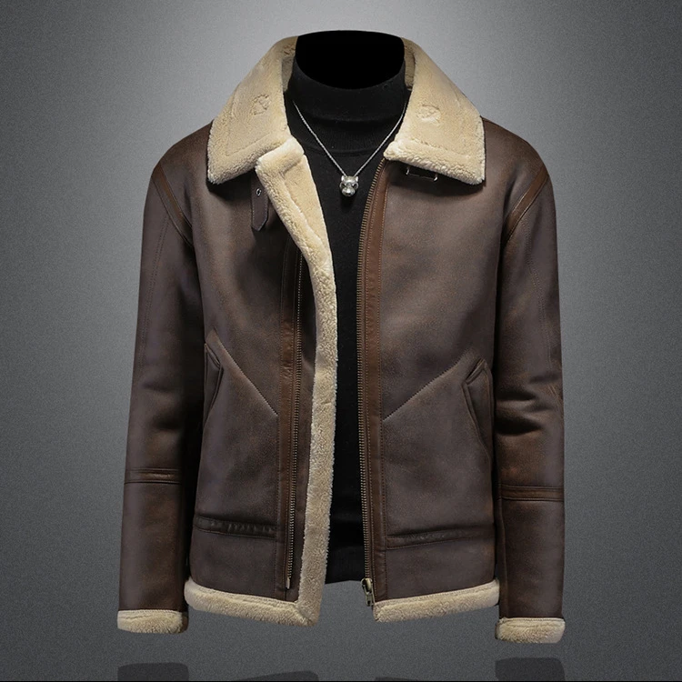 冬季新款皮毛一体夹克男士翻领潮流时尚休闲百搭加绒加厚保暖外套