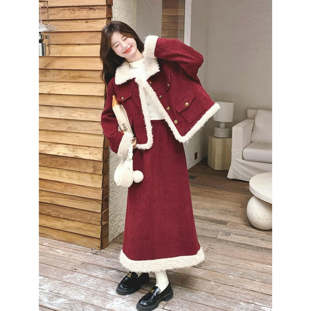 时尚气质酒红色毛茸茸套装女2025冬季洋气氛围感外套半身裙两件套