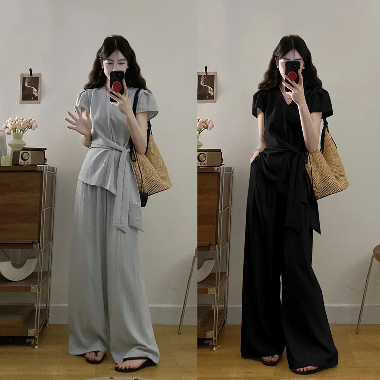 大码女装夏新款气质设计感系带收腰显瘦衬衫阔腿裤高级显瘦两件套