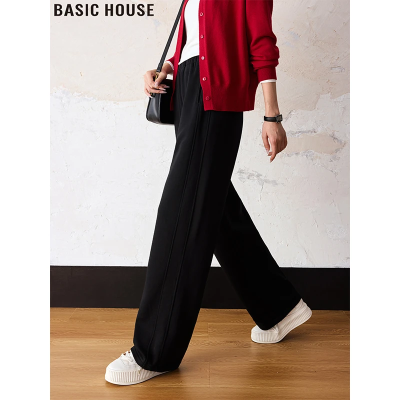 Basic House/百家好黑色阔腿卫裤高腰加绒加厚直筒长裤女2025秋冬