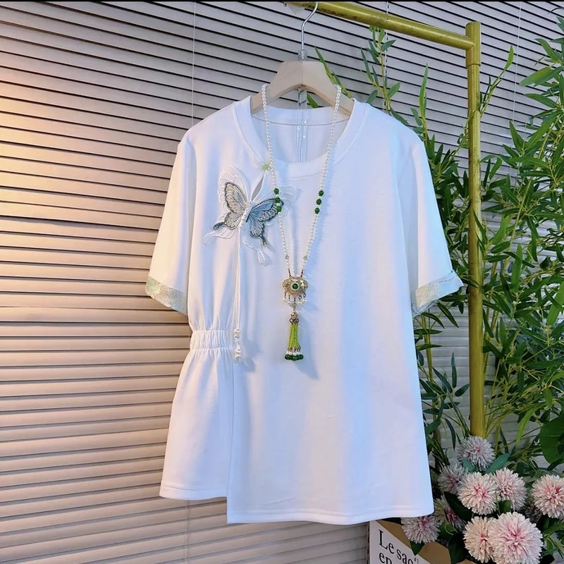 大码欧货民族复古风盘扣半开领立体蝴蝶设计感不等式半抽腰短袖洋