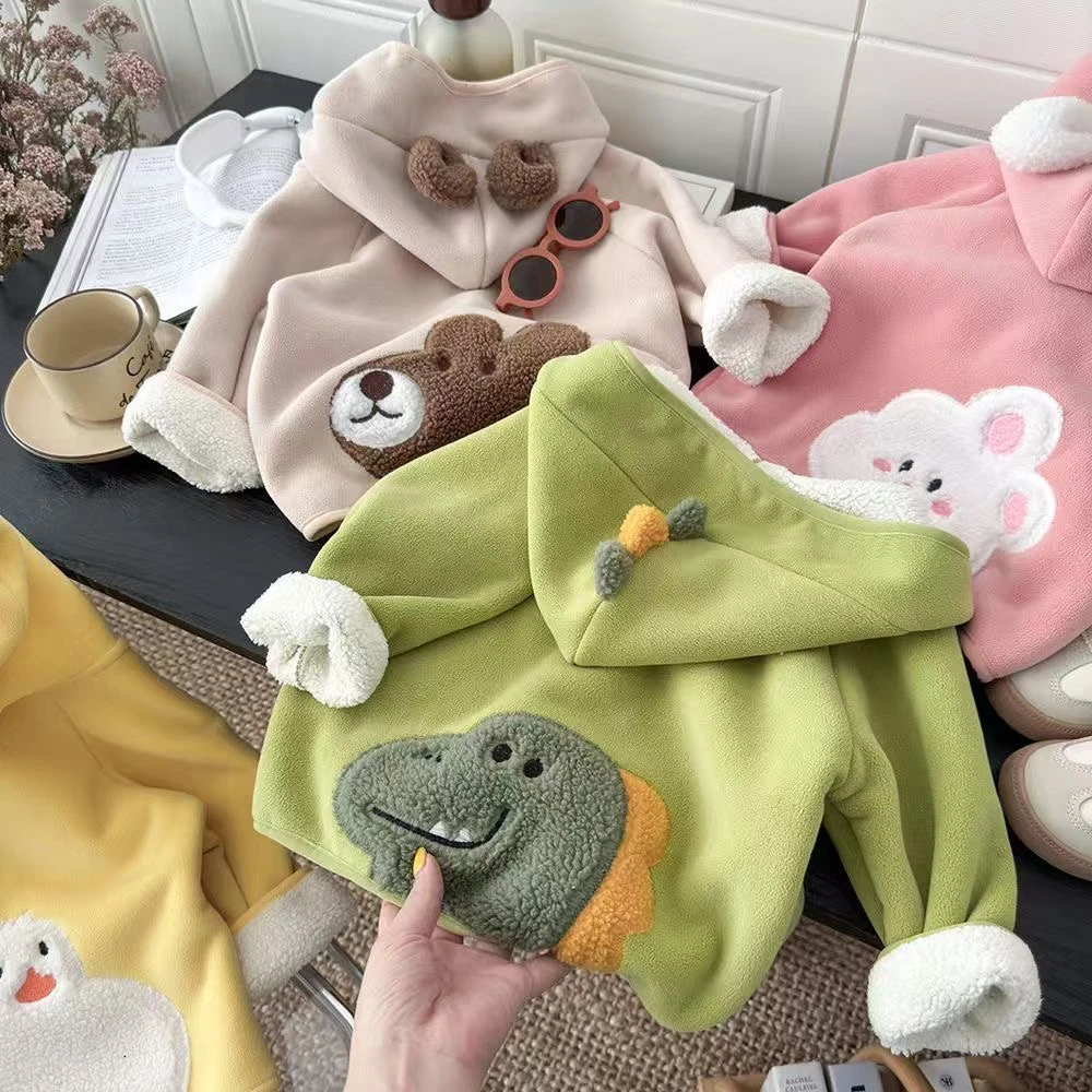 秋冬新款儿童加绒连帽外套加厚保暖洋气卡通上衣小童保暖外套童装