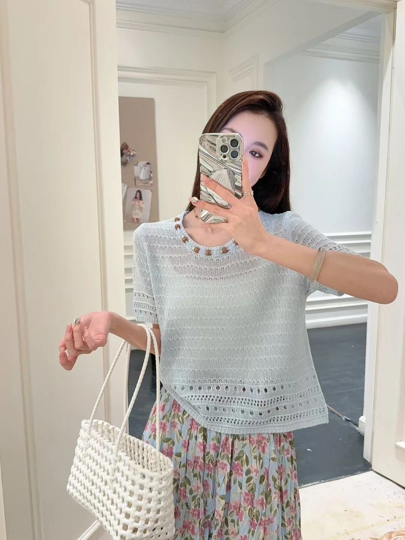 206s5026钉珠宽松上衣时尚短袖女镂空夏季休闲针织衫