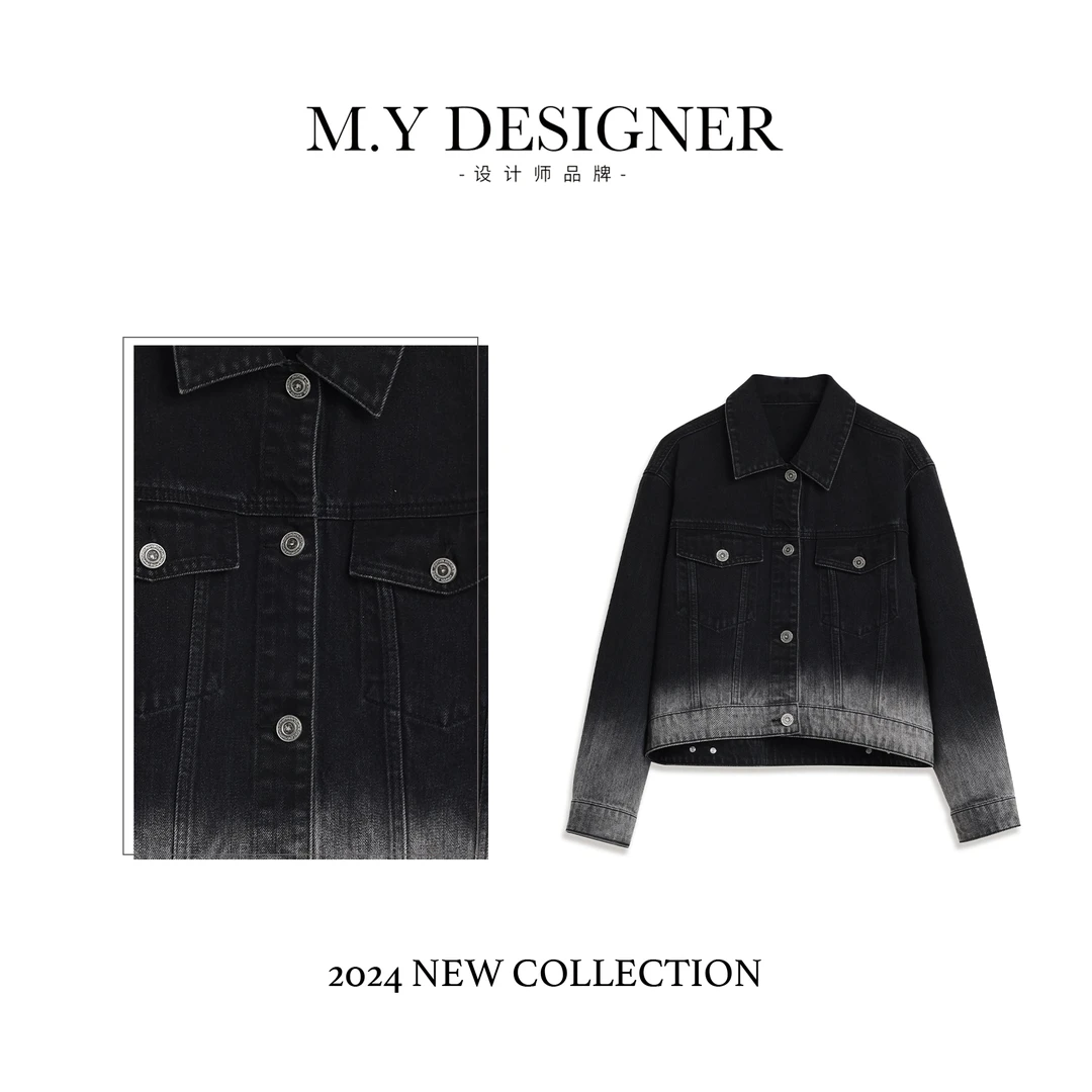 秋冬新款潮流个性黑色渐变短款宽松牛仔外套女装OK0801