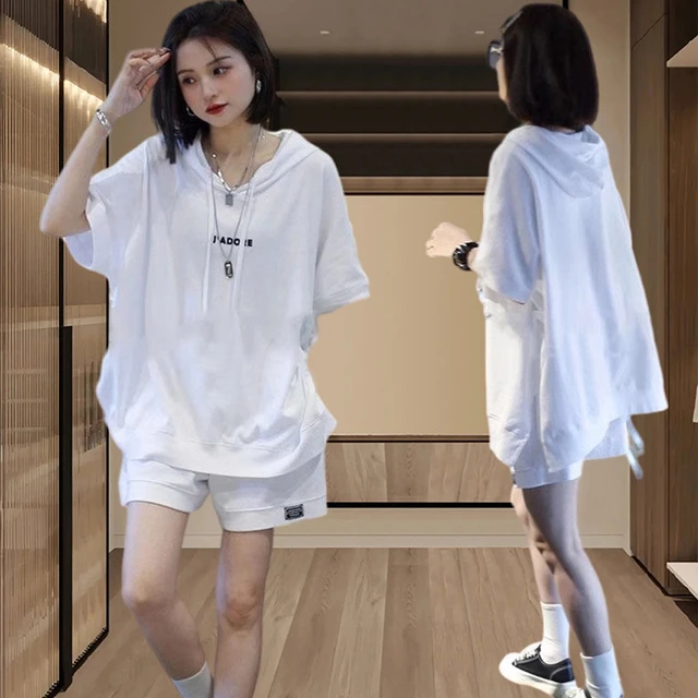 时尚运动套装女夏季宽松大码微胖休闲洋气短袖连帽上衣短裤两件套
