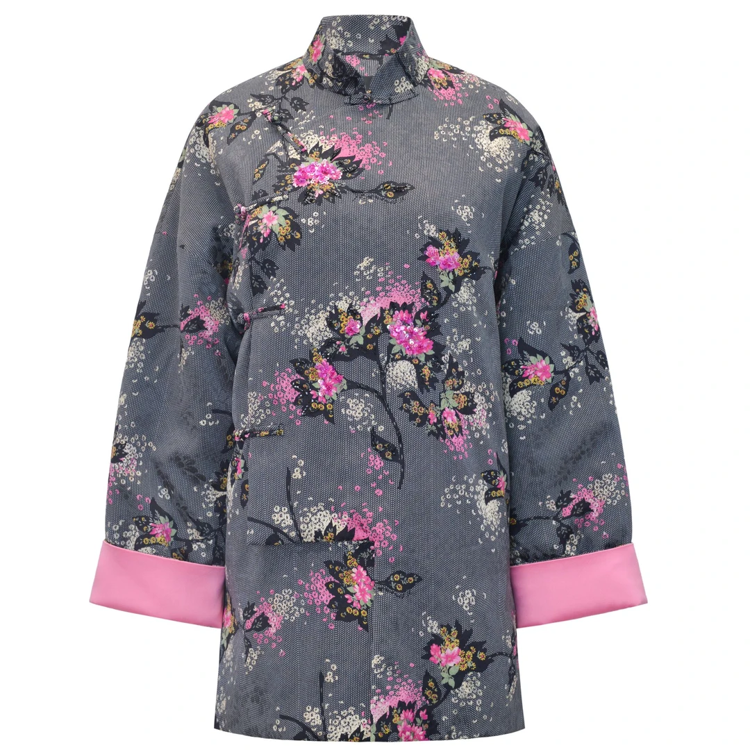 Messential W086绘樱印花琵琶襟外套