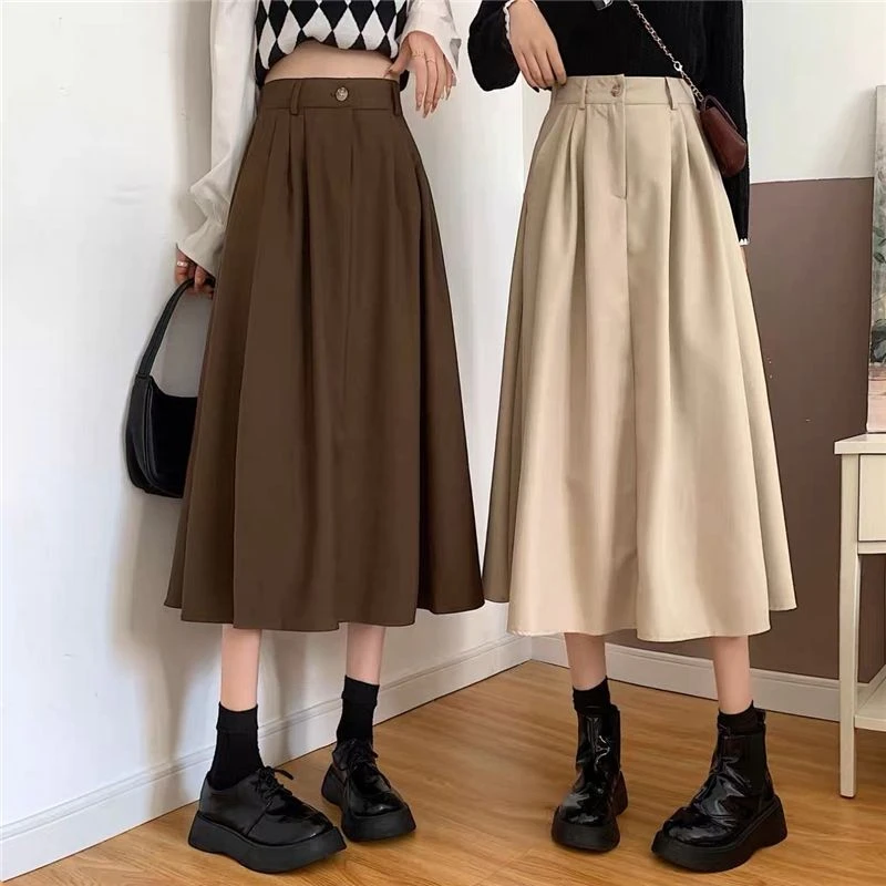 咖色高腰半身裙中长款a字裙春夏季2025新款小个子伞裙长裙子女