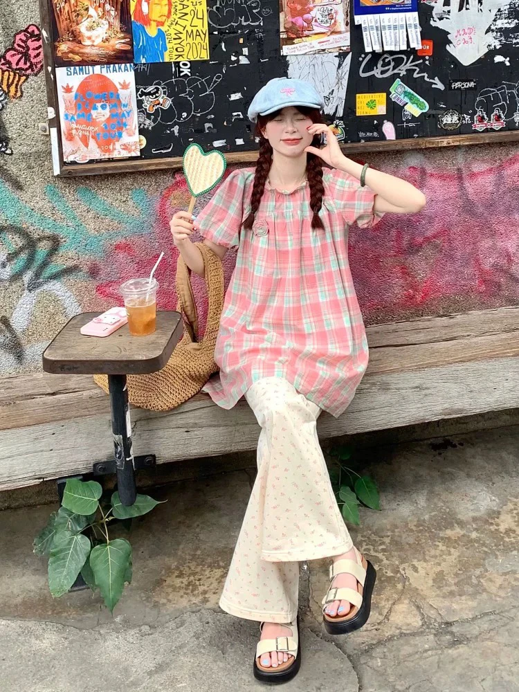 衬衣甜美时尚套装休闲上衣短裤格子西装连衣裙套装夏季半裙