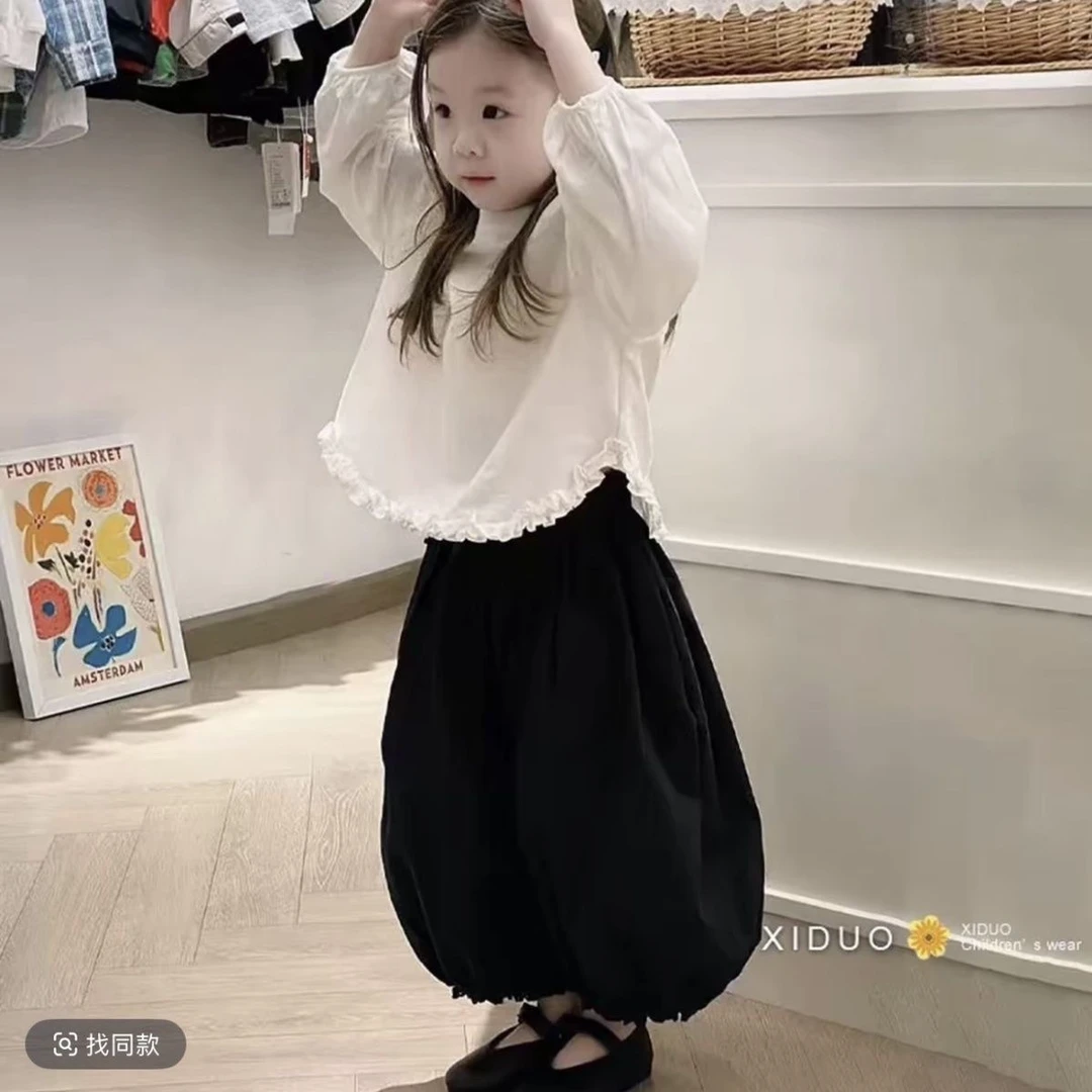 女童秋季新款套装洋气女宝宝花边长袖上衣阔腿灯笼裤两件套