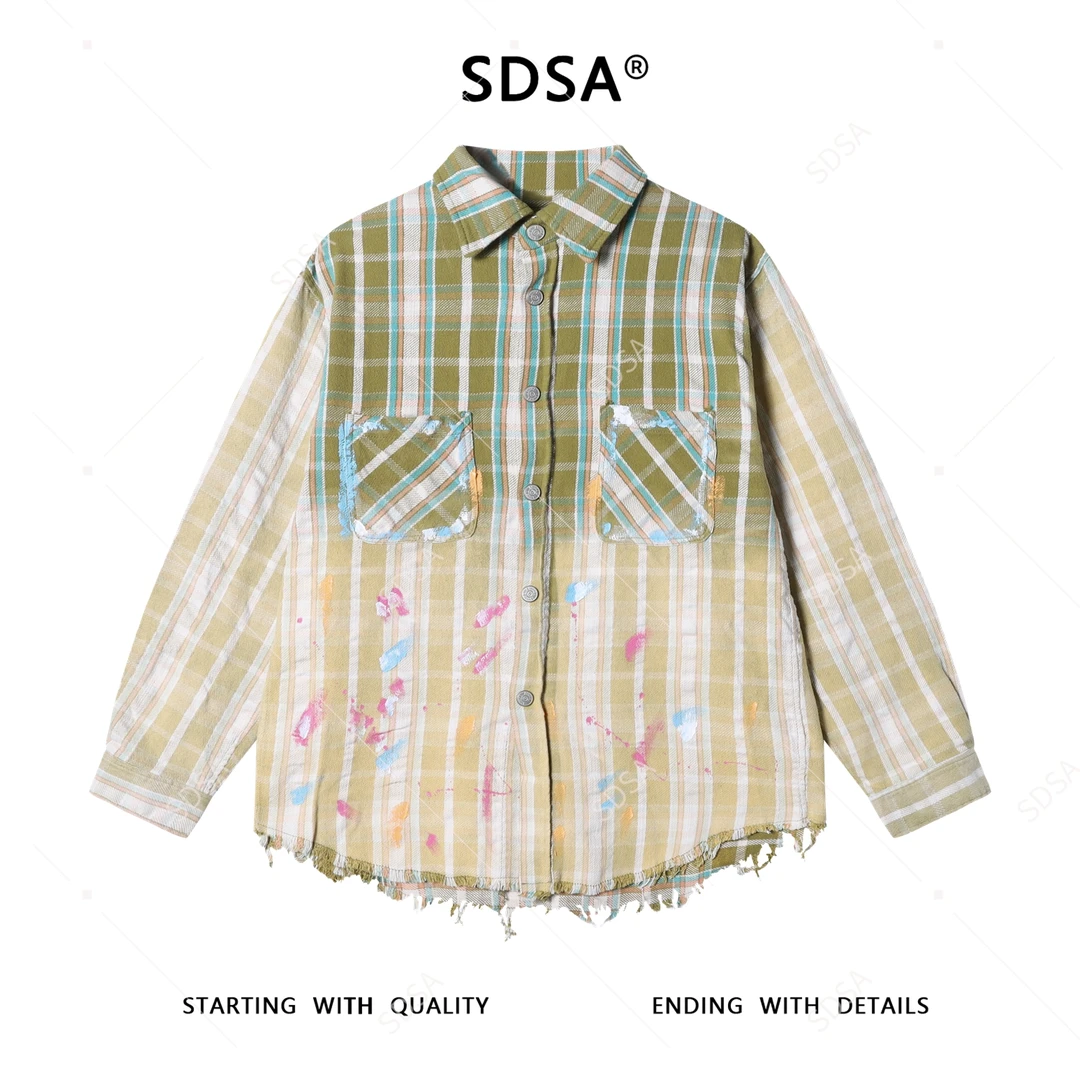 SDSA男士秋冬新款痞帅男装时尚渐变格子泼墨涂鸦翻领长袖衬衫百搭