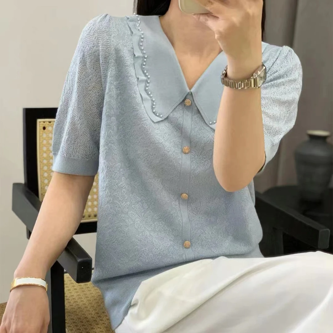 【法式娃娃领订珠浮雕短袖】新款百搭时尚薄款针织衫d102