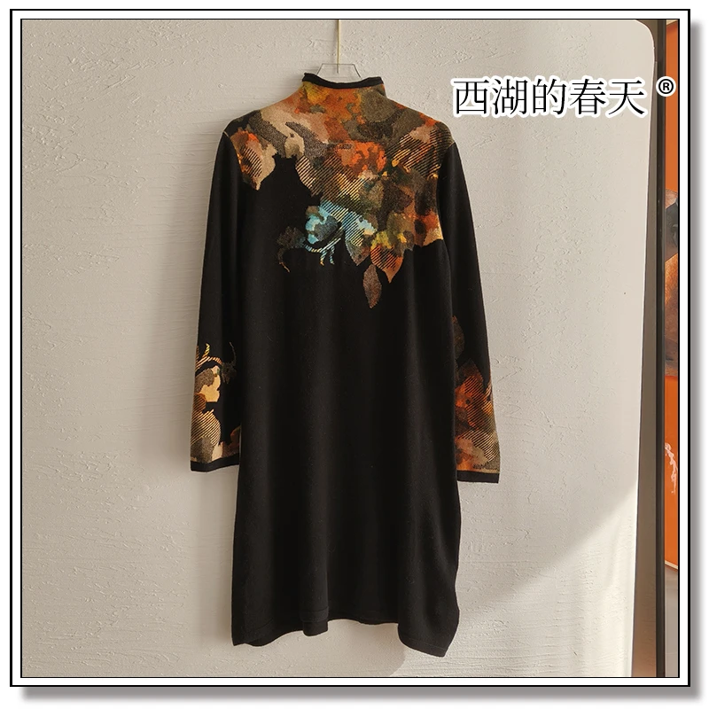 25年春季气质针织半高领长款印花毛衣连衣裙Y0011款