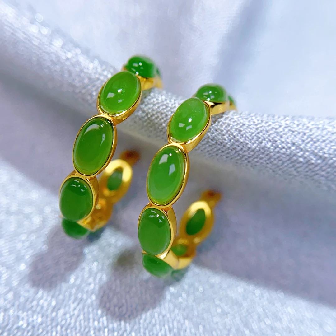 天然和田玉俄料碧玉阳绿92银耳环防过敏耳针耳饰女时尚气质@0219
