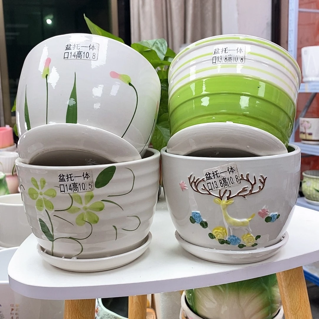 陶瓷@陶瓷花盆@@四个手绘