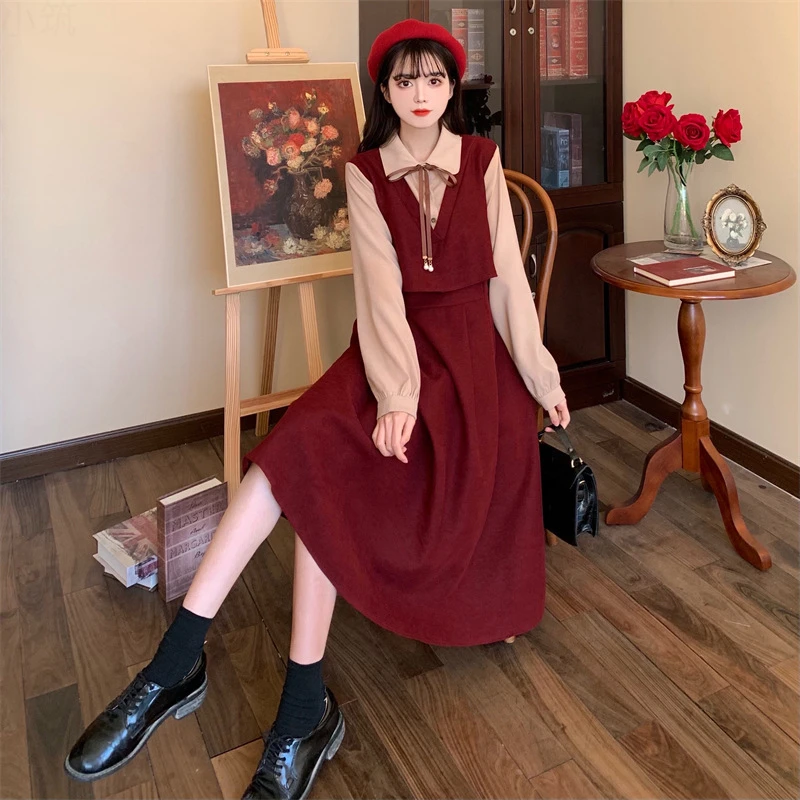 【斜纹灯芯绒】2025秋冬新款法式复古拼接假两件收腰显瘦连衣裙女